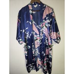 Jin Hon Dark Blue Short Sleeve Kimono With Peacock Design Belted Size XL